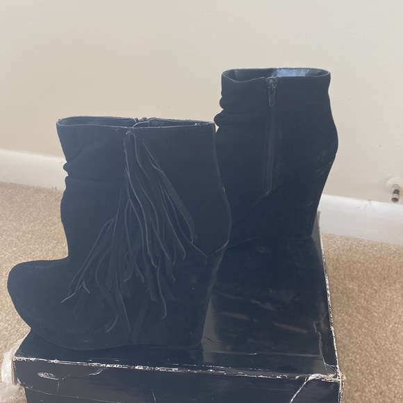 Suede Fringe Wedge Ankle Booties - Picture 2 of 6